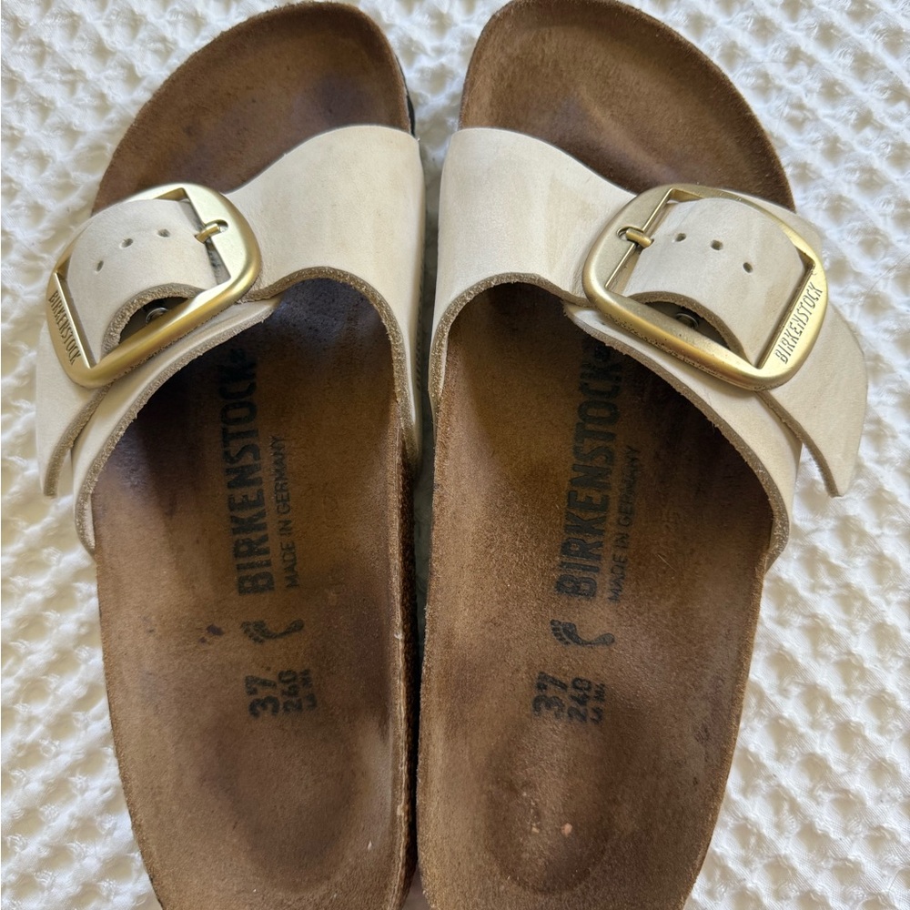 Birkenstock Women's Ecru (Cream) Sandals with Gold Buckle